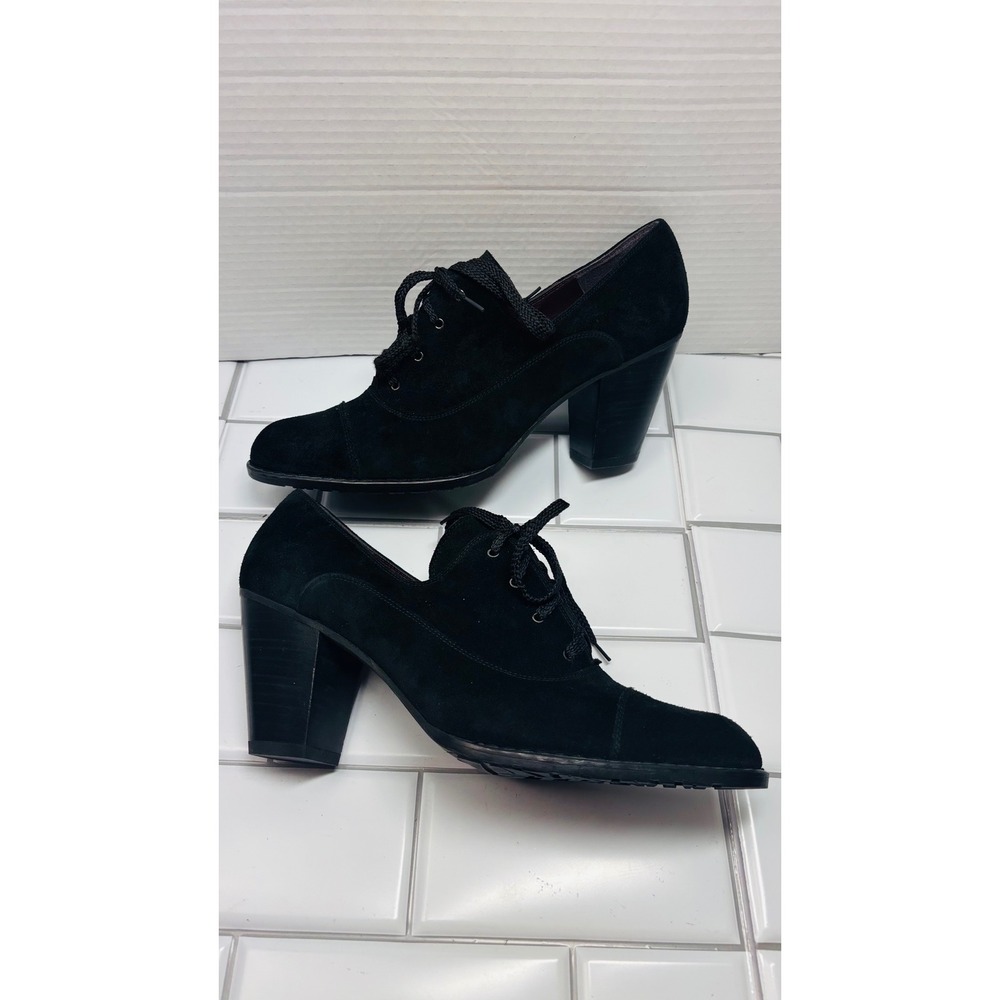 Stuart Weitzman Oxford Block Heels Womens 10M Black Suede Excellent Lace Up Pump